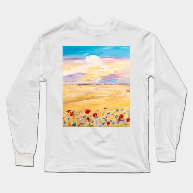 Poppies and Cornflowers Near a Wheat Field Long Sleeve T-Shirt by NataliaShchip